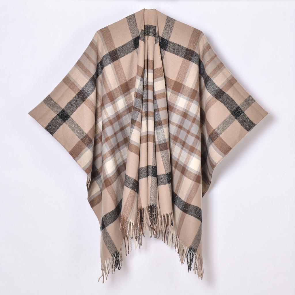 Foreign Trade, New Tassel Split Shawl Autumn and Winter Women's Simple Plaid Jacquard Scarf Cape