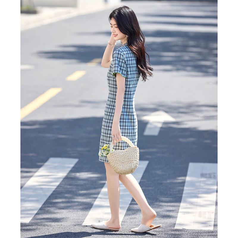 Women's New Chinese Style Plaid Short-Sleeved Qipao Midi Dress