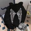 Hanorac cu glugă și mânecă lungă pentru femei, croială regulată, hoodie casual, pulover cu imprimeu aripi cu strasuri, poliester, îmbrăcăminte exterioară fashion