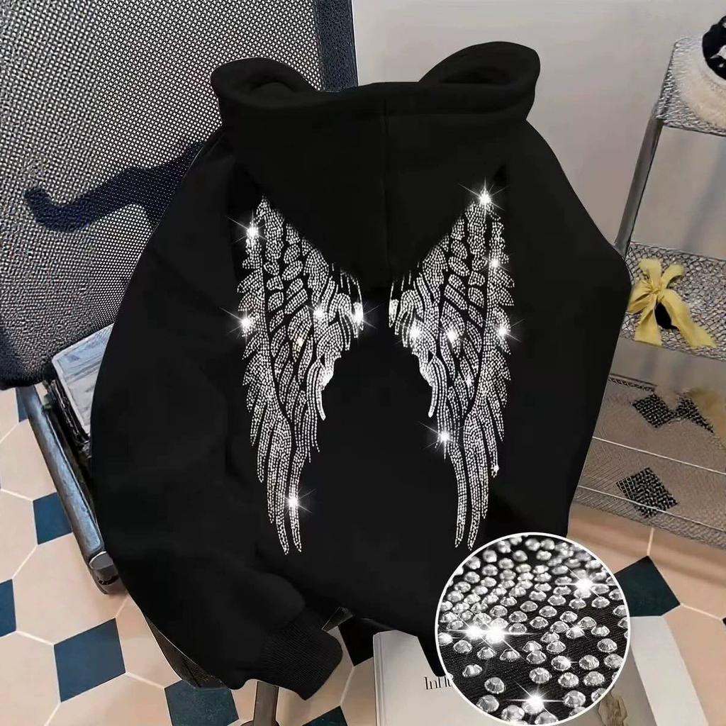 Hanorac cu glugă și mânecă lungă pentru femei, croială regulată, hoodie casual, pulover cu imprimeu aripi cu strasuri, poliester, îmbrăcăminte exterioară fashion