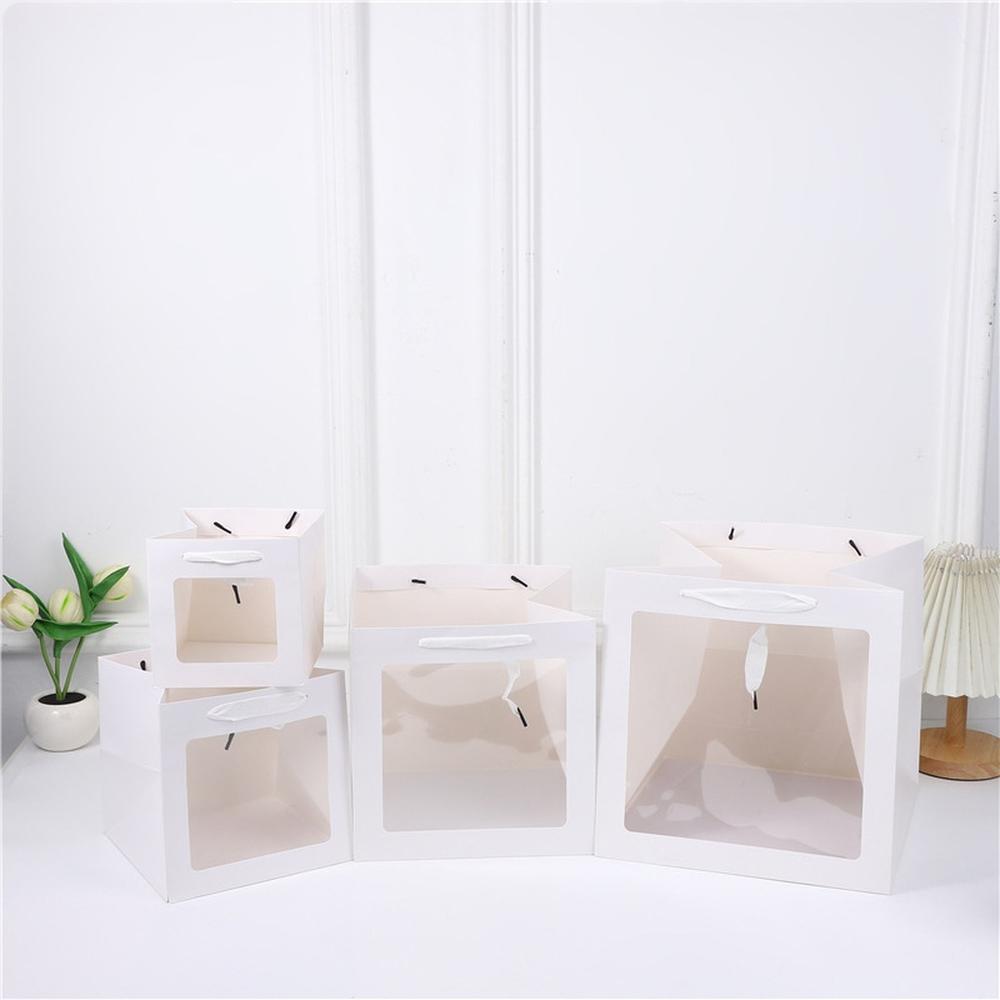 Square Clear Window Gift Bag with Handle Sturdy Paper Carry Bag for Flower Plush Toy Cake and Party Gift Packaging Bag