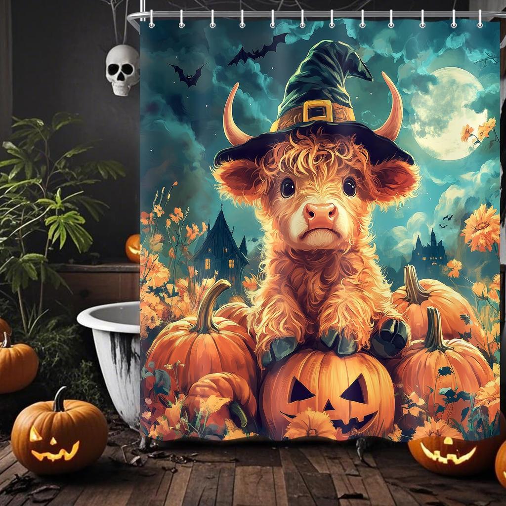 Halloween Shower Curtain, Black Cute Ghost Pumpkin Spooky Shower Curtain for Bathroom, Funny Halloween Holiday Cartoon Spooky