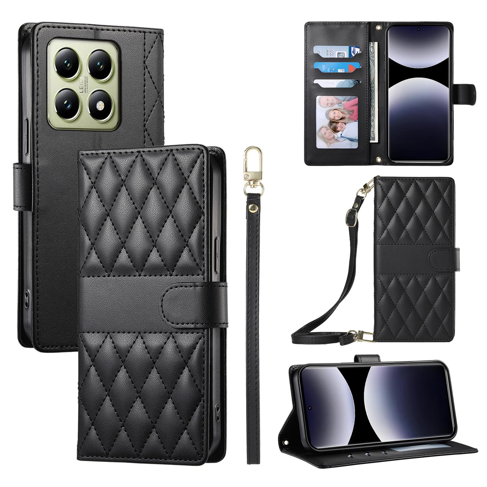 

For Xiaomi 14T Case Rhombus Stitching Wallet Stand Leather Phone Cover with Long/Short Strap A