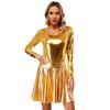 Womens Shiny Metallic Party Outfit Long Sleeve Round Neck Leotard with Flare Skirt