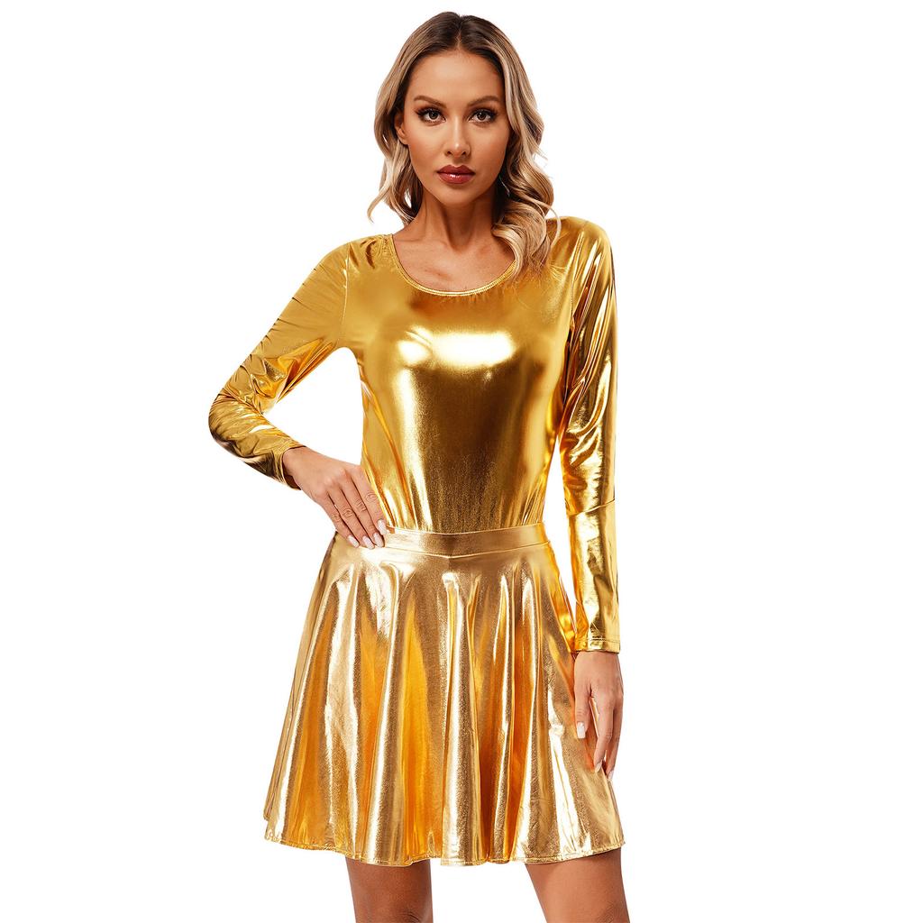 Womens Shiny Metallic Party Outfit Long Sleeve Round Neck Leotard with Flare Skirt