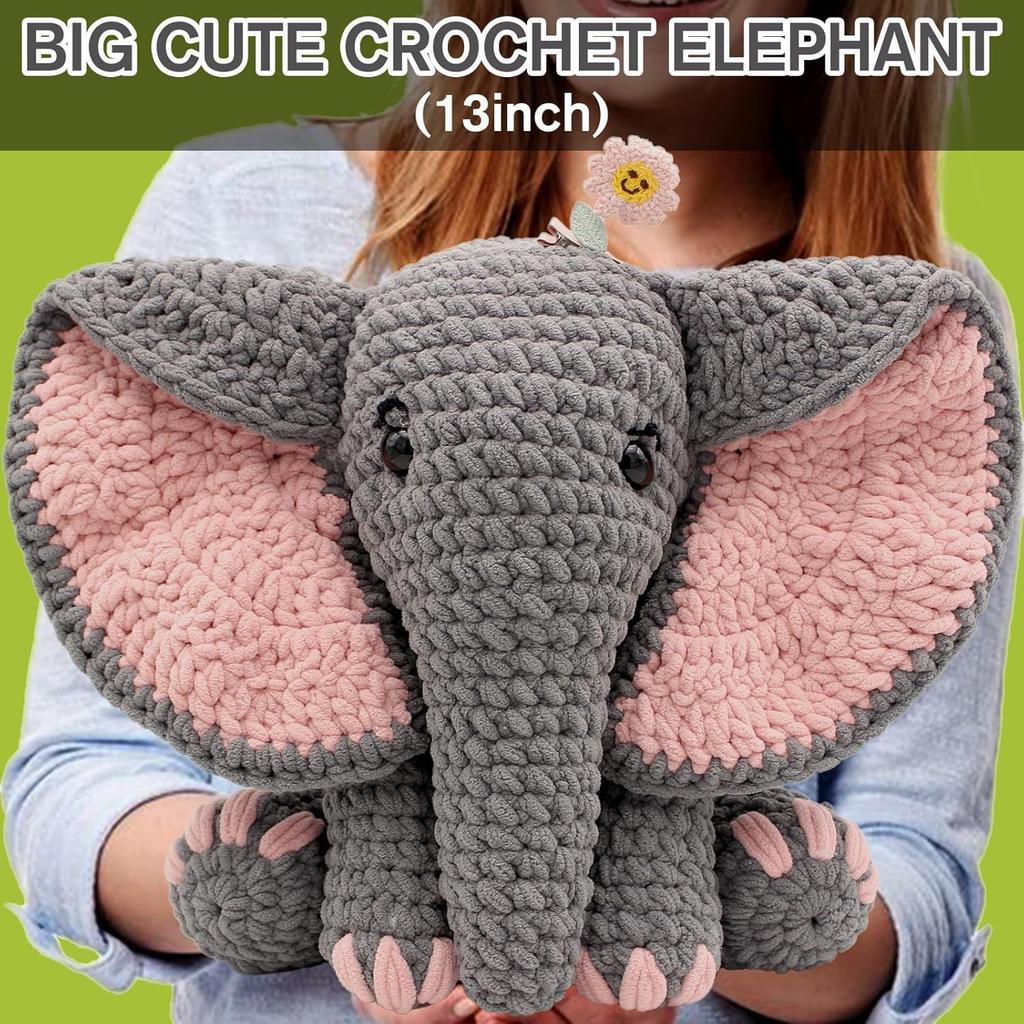 Crochet Amigurumi Kit Elephant Stuffed Animal Knitting Handmade Set Yarn Needlework Beginners Children Adults Crochet Amigurumi Needle Cotton With