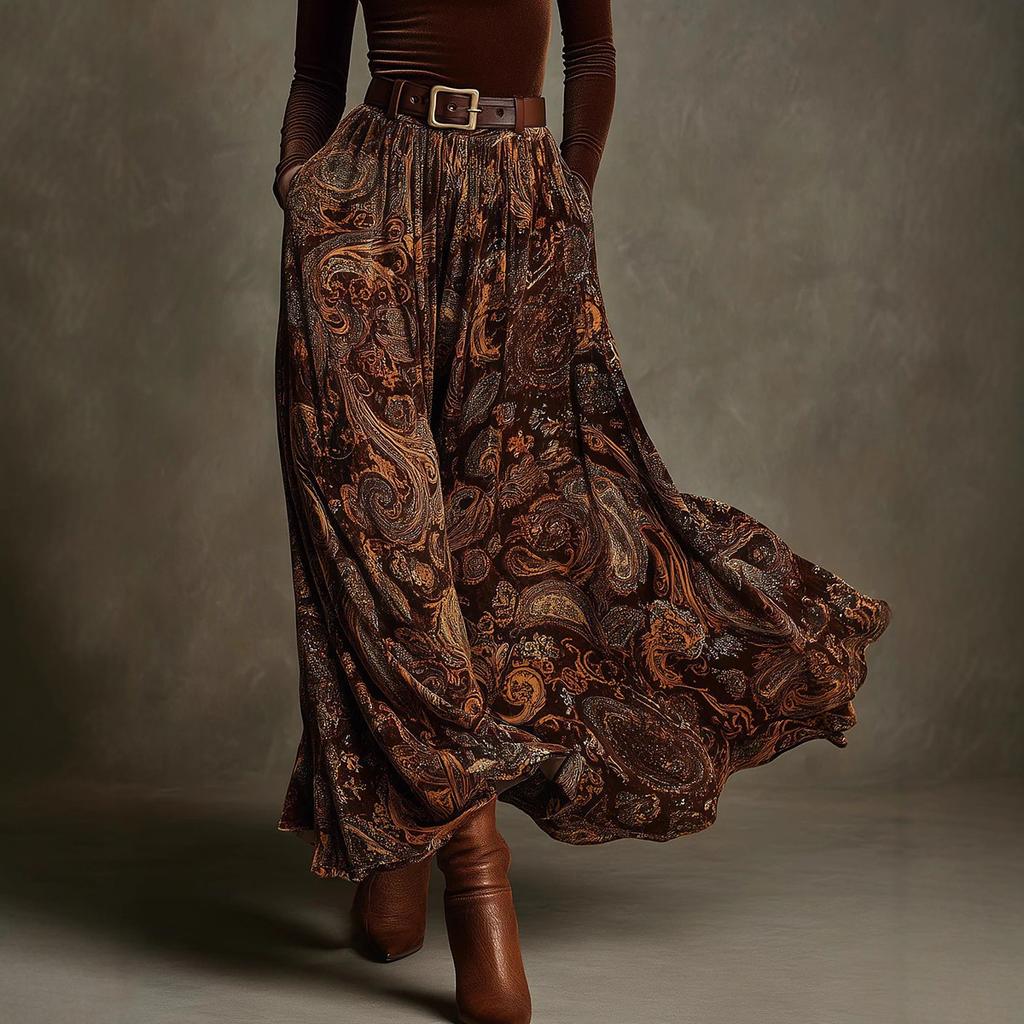 1116 European and American autumn new slim-fit top temperament big pendulum retro printed dress set with belt