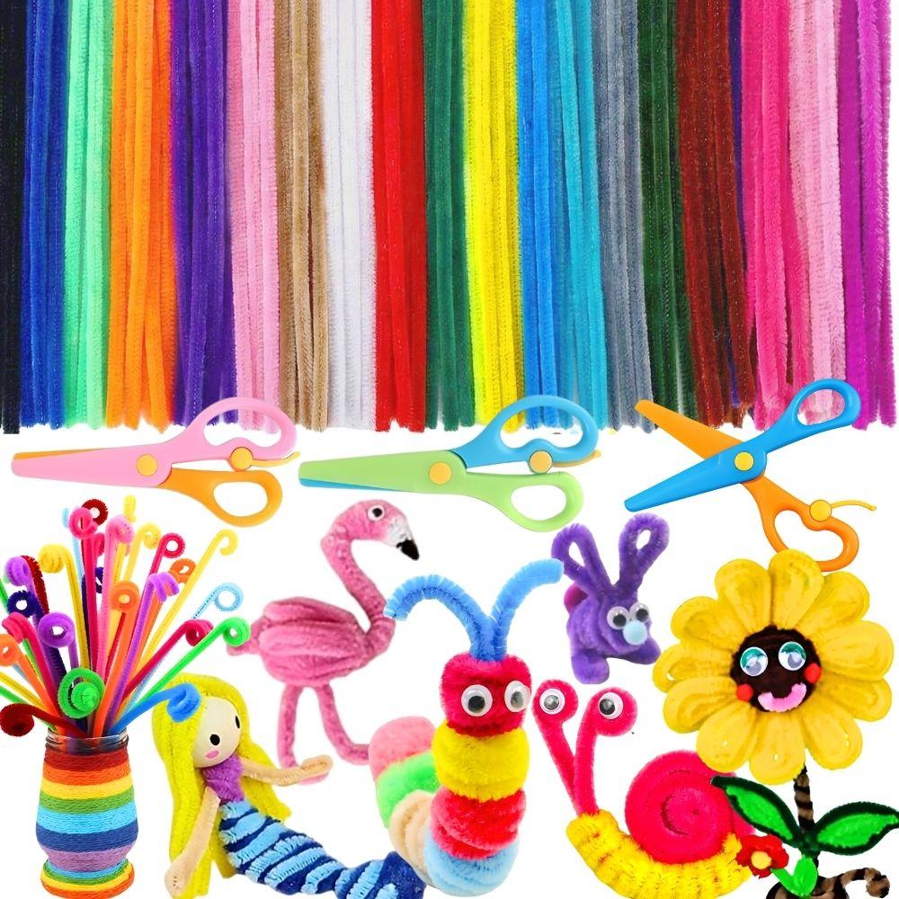 303pcs 11.8inch Multiple Colors Pipe Cleaners & Plastic Colorful Scissors DIY Art Twisting Stick Materials Kit Birthday Gift YMY