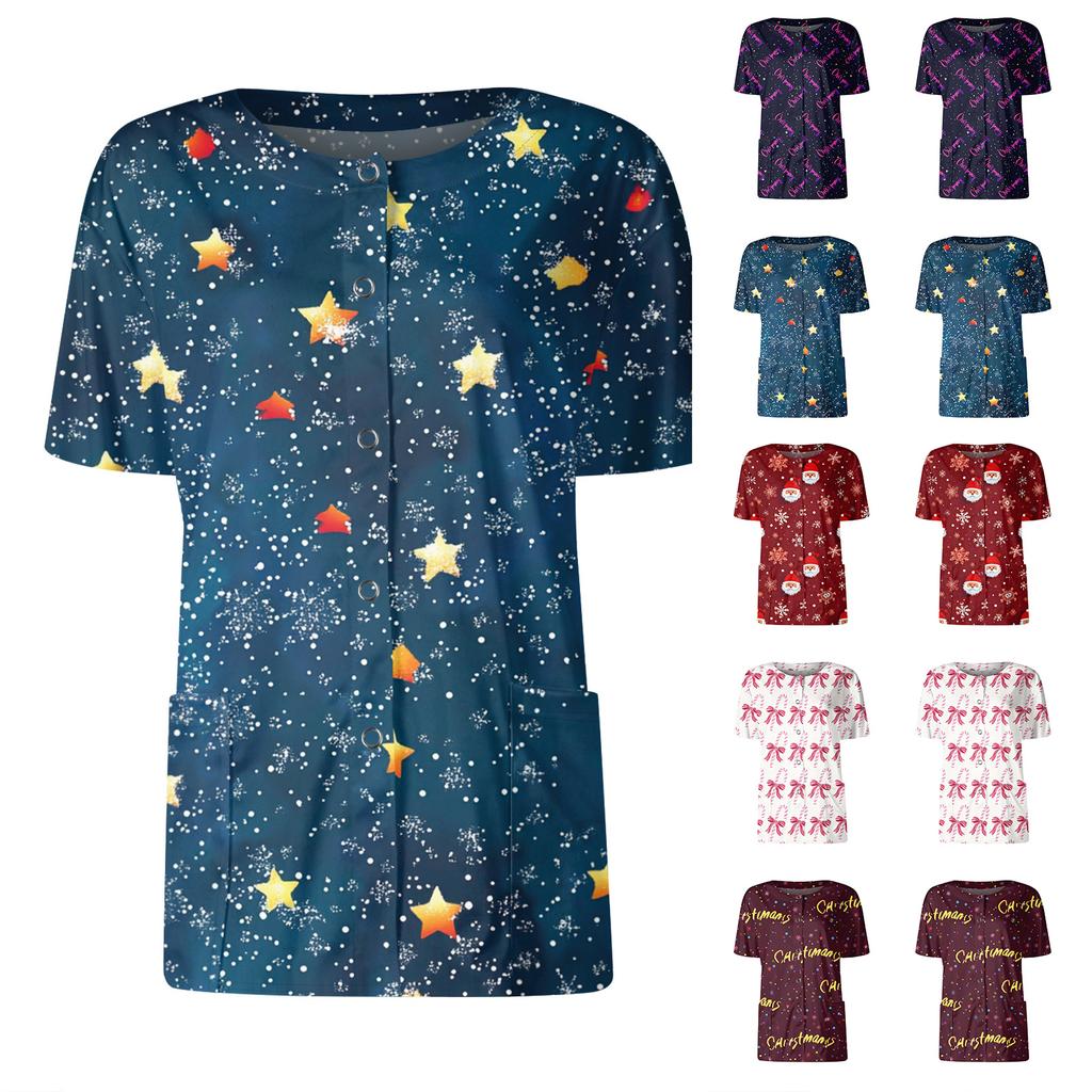 Women's Short Sleeved Patterned Pockets, Work Print Stand Up Collar, Single Breasted Protective Clothing, Cardigan Jacket, Top