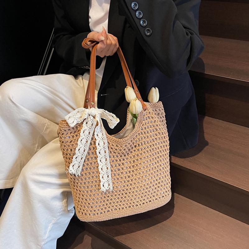 Women Straw Woven Shoulder Bag Solid Color Shoulder Summer Woven Pouch for Women Handmade Traveling Handbags Underarm Bags AVE