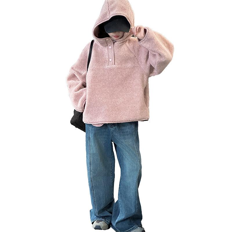 Girls' 2025 Korean Style Fuzzy Hooded Sweater - Autumn/Winter Warm, Loose Pullover