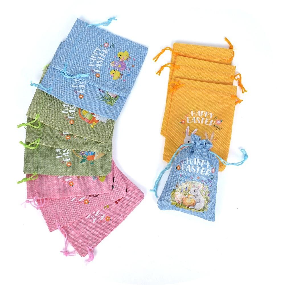 12pcs Easter Bunny Linen Gifts Drawstring Bags Happy Easter Small Drawstring Favor Pouches For Wedding Party Candy Bag
