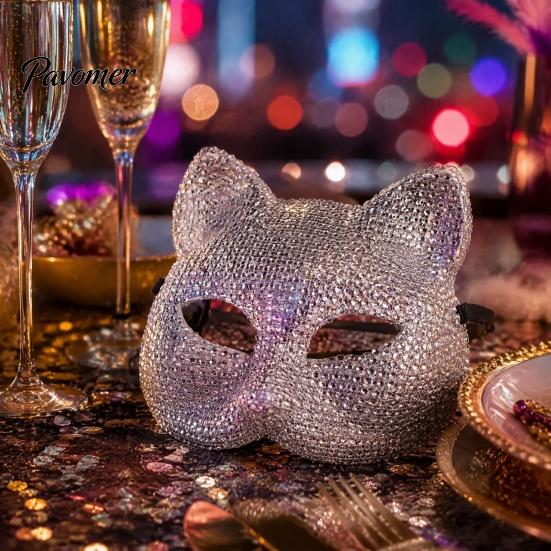 Luxury Rhinestone Costume Mask Full Halloween Mask, Sparkling Skull And Cat Face Carnival Adjustable Elastic Straps for Theme Dances Decorative Party