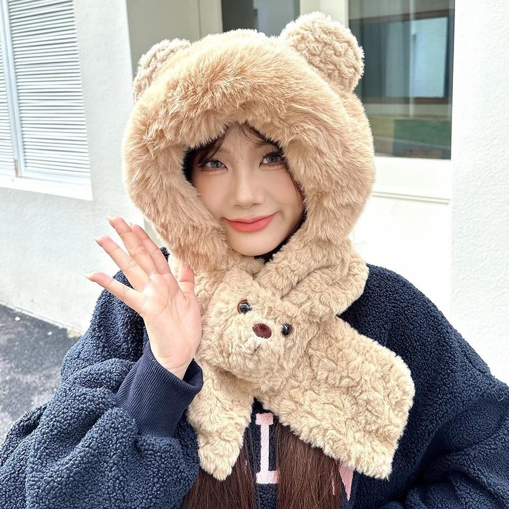 Cartoon Bear Ear Hat Solid Color Winter Neckerchief Fashion 2 In 1 Plush Scarf  Winter