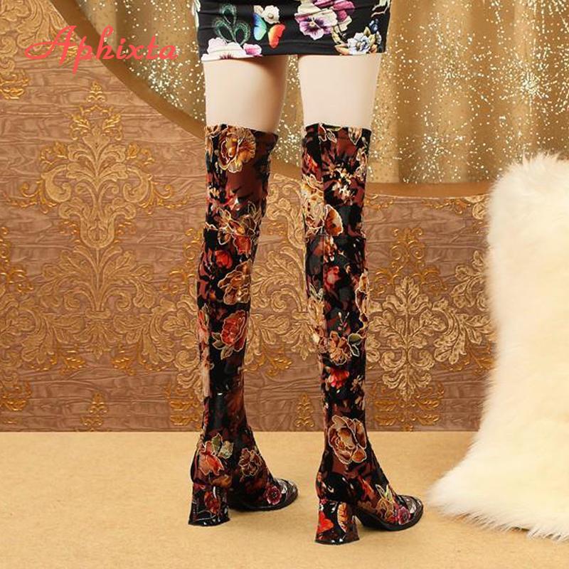 Aphixta Over the Knee Boots Embroider Flower Square Heels Shoes Women's Long Shoes Casual Pointed Toe Long Boots Women