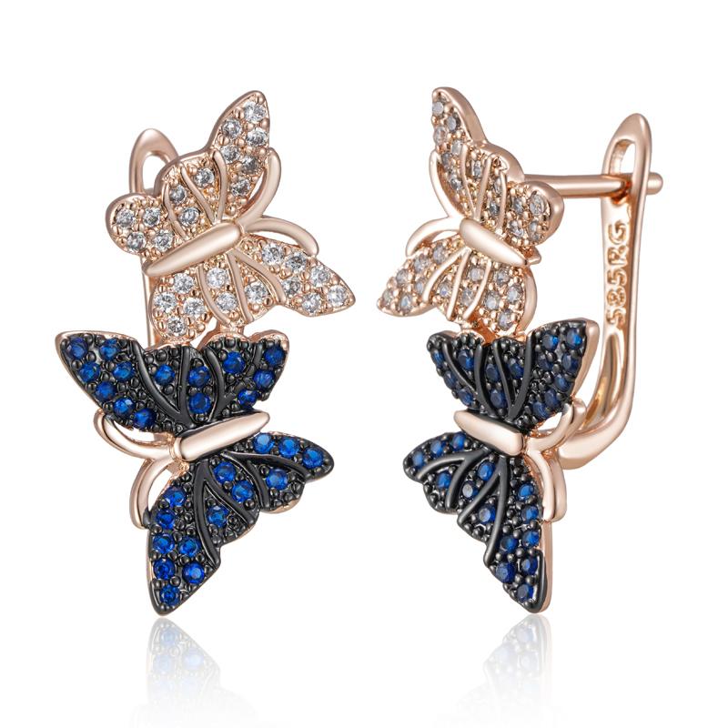 

Kinel Hot Blue Natural Zircon Two Butterfly Drop Earrings For Women 585 Rose Gold and Black Plating Animal Daily Punk Jewelry