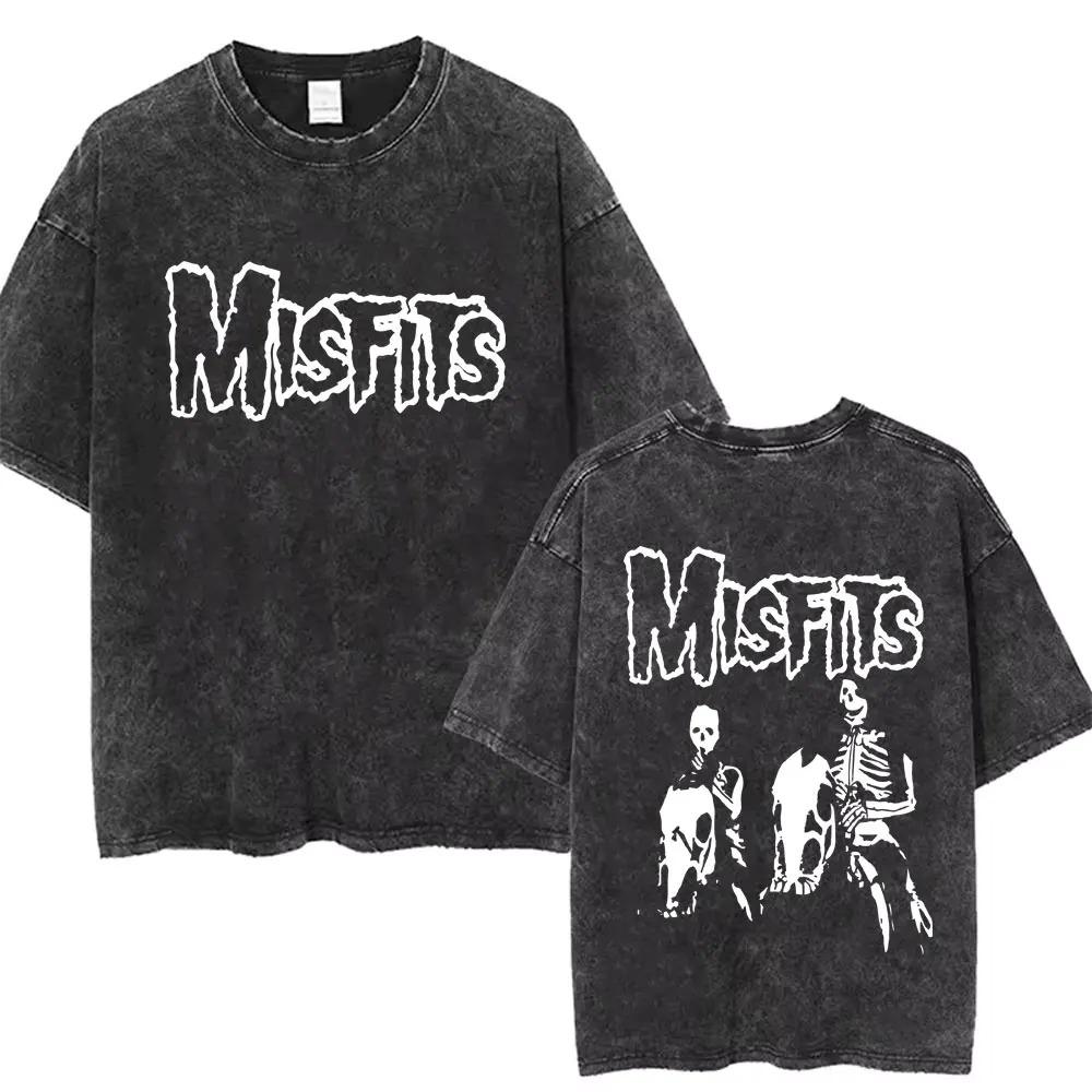 2026 Washed Vintage Hardcore Punk Band Misfits Tshirt Horror Skeleton Graphic T-shirt Men Women's Fashion Casual Oversized T Shirts