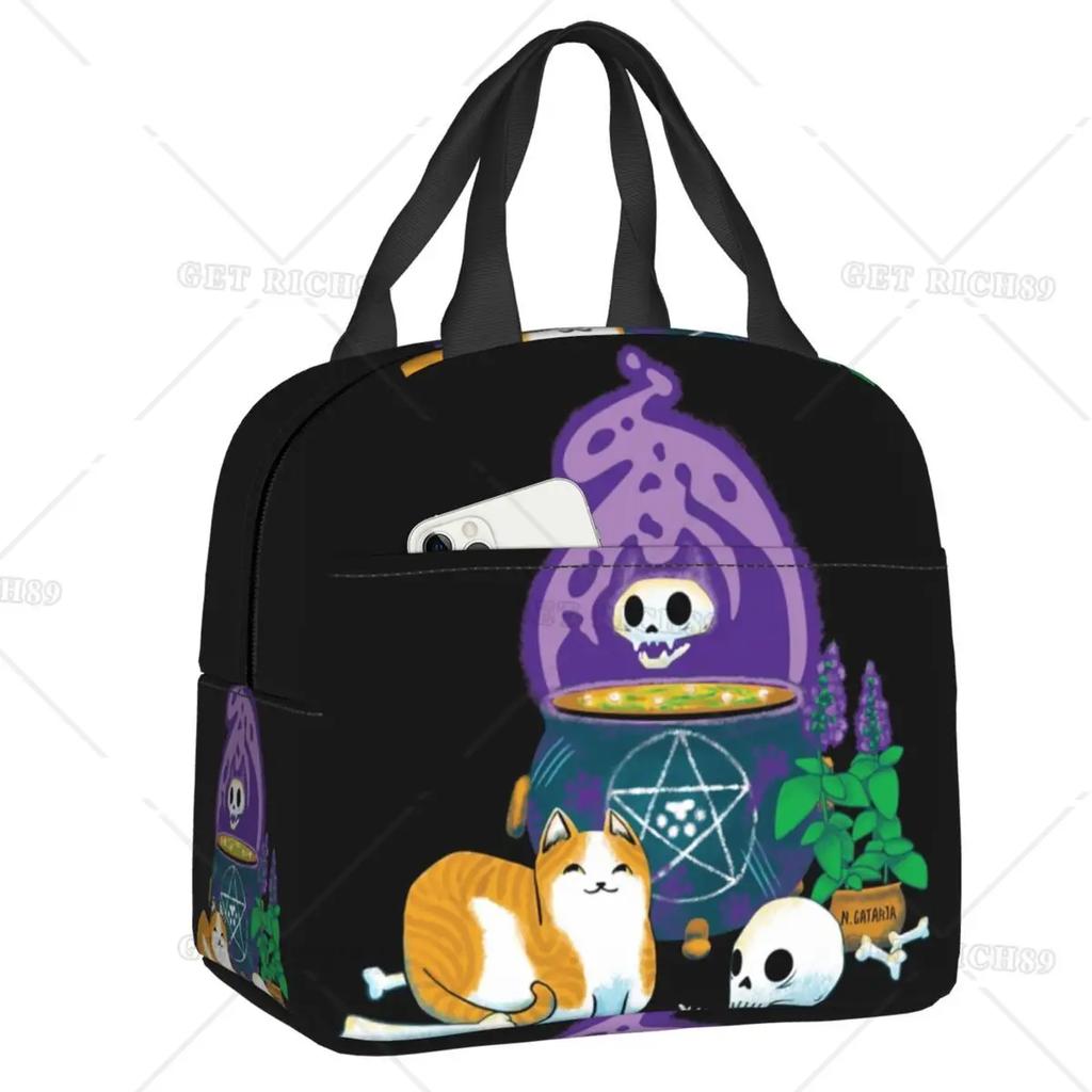 Satanic  Cat Insulated Lunch Bag Waterproof Thermal Cooler Lunch Box with Side Pocket for Women Men Kids Camping Travel