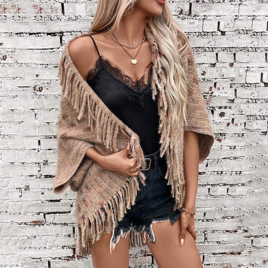 Colorful Striped Knitted Fringe Shawl for Women Autumn Winter New European and American Casual Loose Knit Cape