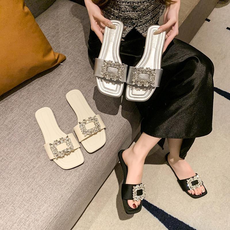 Rhinestone women's summer new slippers soft bottom soft surface fairy outer wear foot cover flat beach sandals