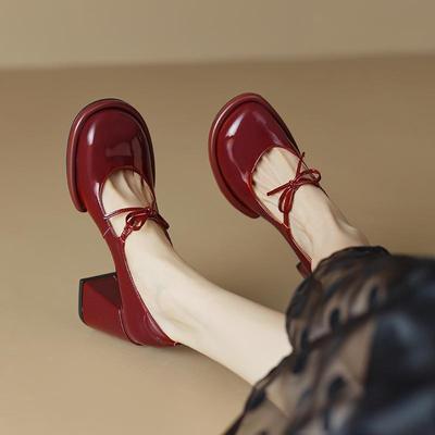 Vintage Patent Leather Mary Jane Shoes Women's Pump 2026 Spring Woman Bowcknot New Coarse Heel Club High Heels Shoes
