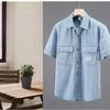 Korean Style Summer Denim Short Sleeve Shirt Men Turn-down Collar Double Pockets Washed Light Blue Jean Shirt Youth Streetwear Casual Tops