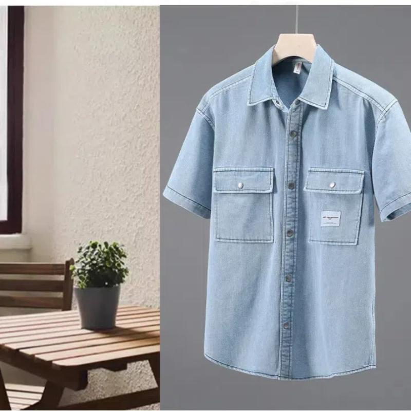 Korean Style Summer Denim Short Sleeve Shirt Men Turn-down Collar Double Pockets Washed Light Blue Jean Shirt Youth Streetwear Casual Tops