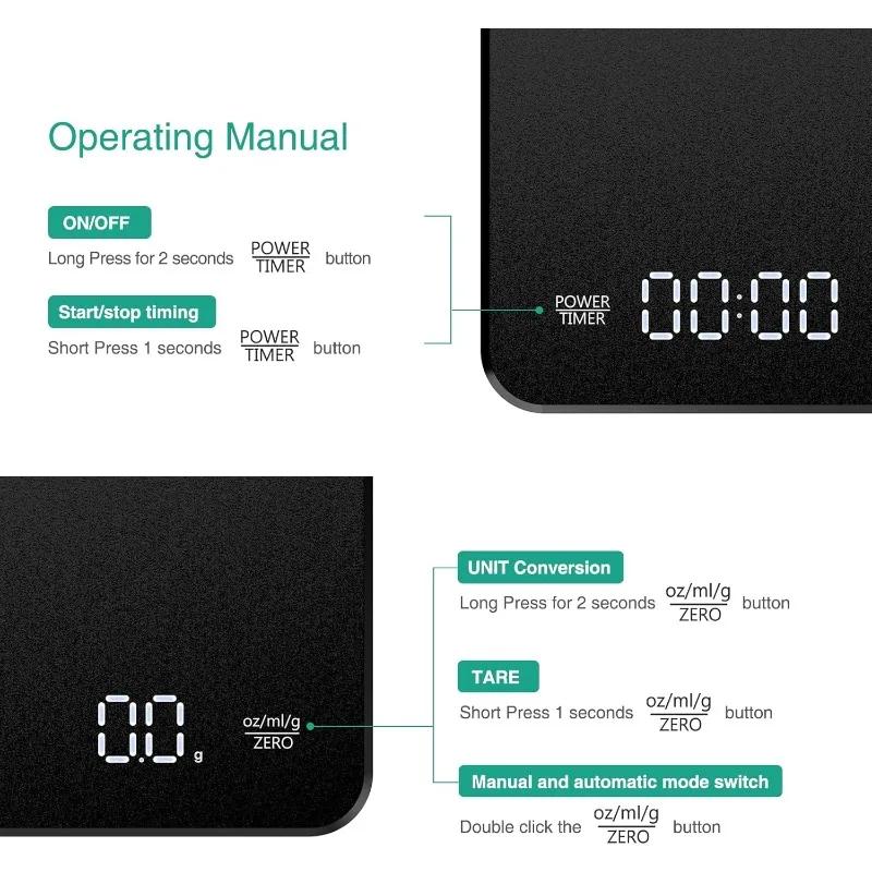 Professional Coffee Scale Digital 0.1g Precision Timer USB Rechargeable 3kg Max LED Screen for Espresso Kitchen Brewing