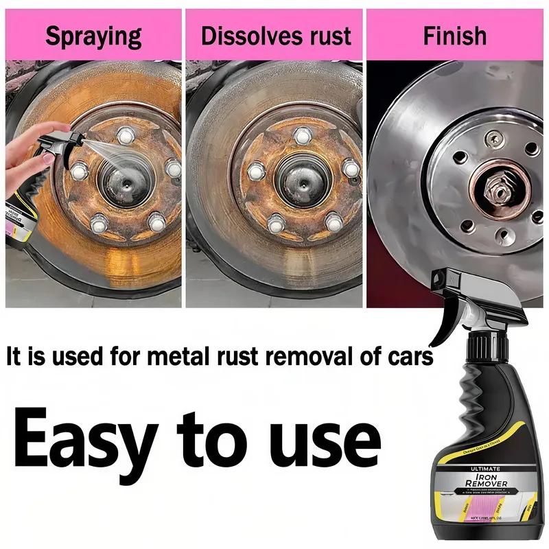 Car quick-care rust remover spray, car exhaust pipe rust remover, car wheel rim rust remover, metal powder cleaner