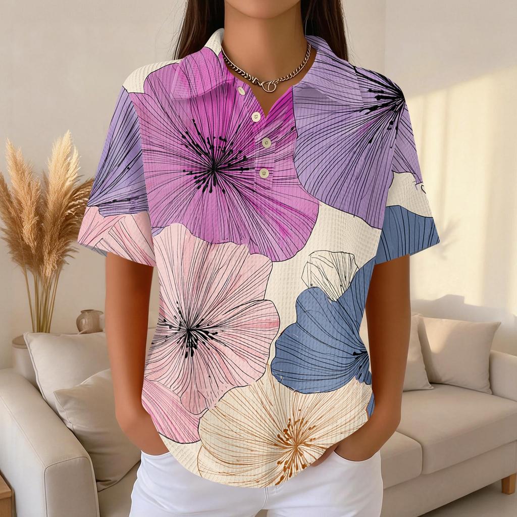Womens Casual Short Sleeve Retro Floral Print Waffle Knit Polo Shirt Lightweight Button Down Top