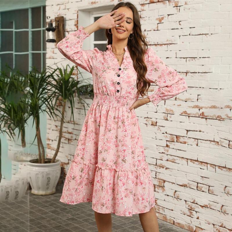 Autumn Winter Women Long Sleeve Print Elegant V-neck Casual A-Line Knee-Length High Waist Dress