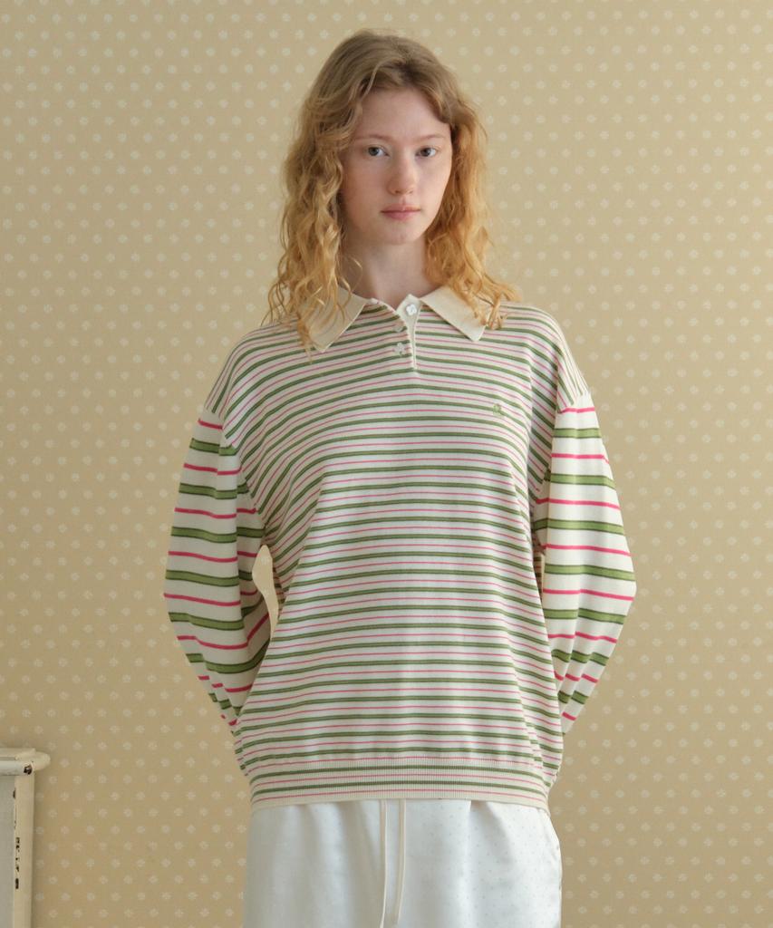 Tudument Stripe Long Sleeve Polo Knit_Ivory