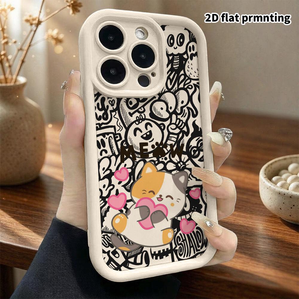 Phone case: 2D flat design suitable for iPhone 18 17 16 15 14 13 Pro tiered protective case, little heart cat, Christmas and Halloween gifts