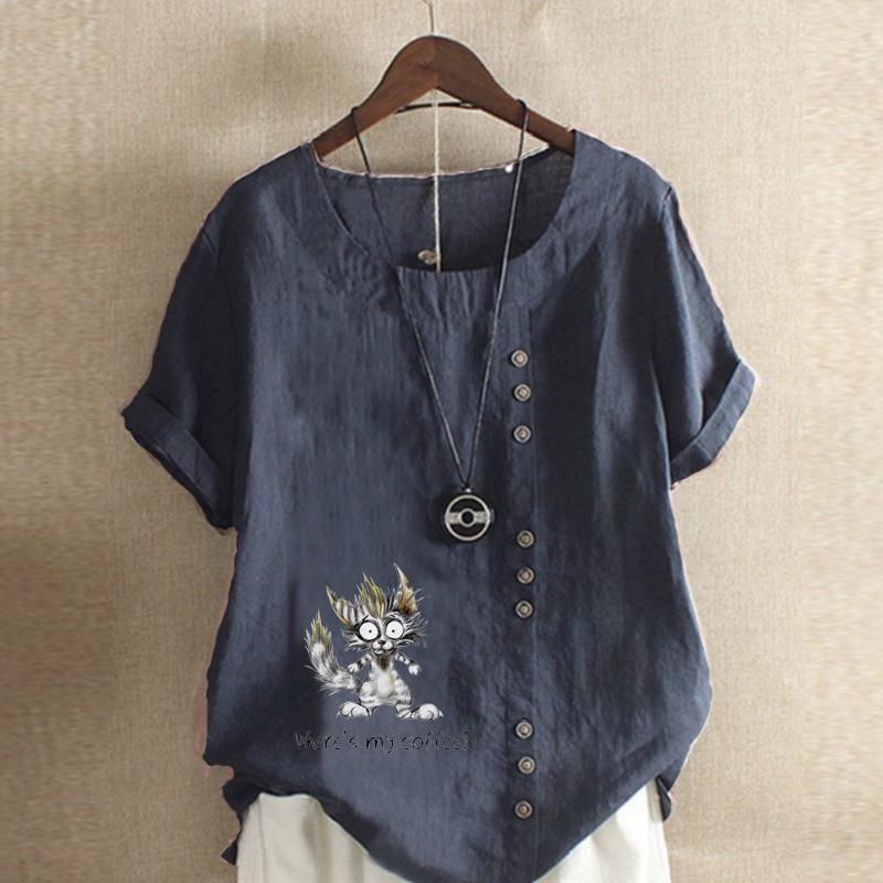 Women's Fashion Cartoon Cat Prined Short Sleeve T-shirt Loose Cotton Shirt Casual Loose Summer Blouse Tops Plus Size