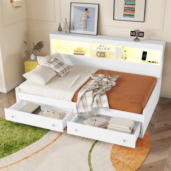 Double Bed High Durability Open Shelves Ambient Light Design Good Load Capacity Built-in Charger Heavy Duty Bedroom Sofa Bed with Drawers for