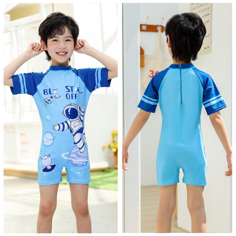 Kids' Quick-Dry Short Sleeve One-Piece Swimsuit for Boys - Medium & Large Sizes, Ideal for Swimming and Hot Springs