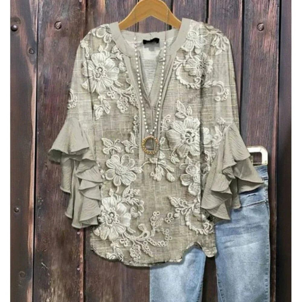 Large Women's Bohemian V-neck Shirt with Ruffle Sleeves, Grey Brown Floral Print Top, Casual Breathable Machine Washable Pullover