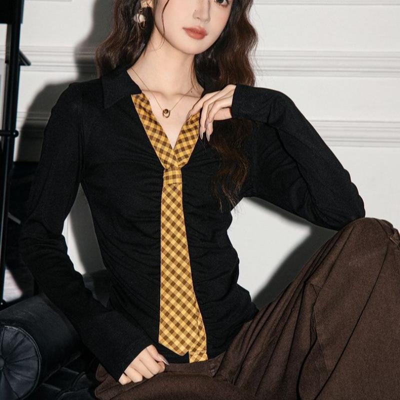 

Bottoming Women s Autumn New Style Spliced V-neck Fashion Slim Long-sleeved T-shirt Top S чорний