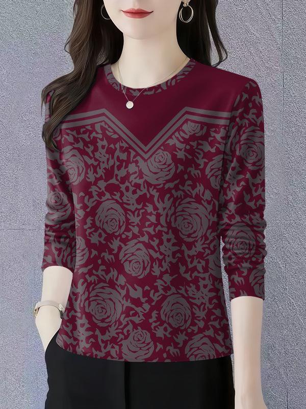 Spring/Autumn 2025 Long-Sleeve Round Neck Slimming T-Shirt for Moms