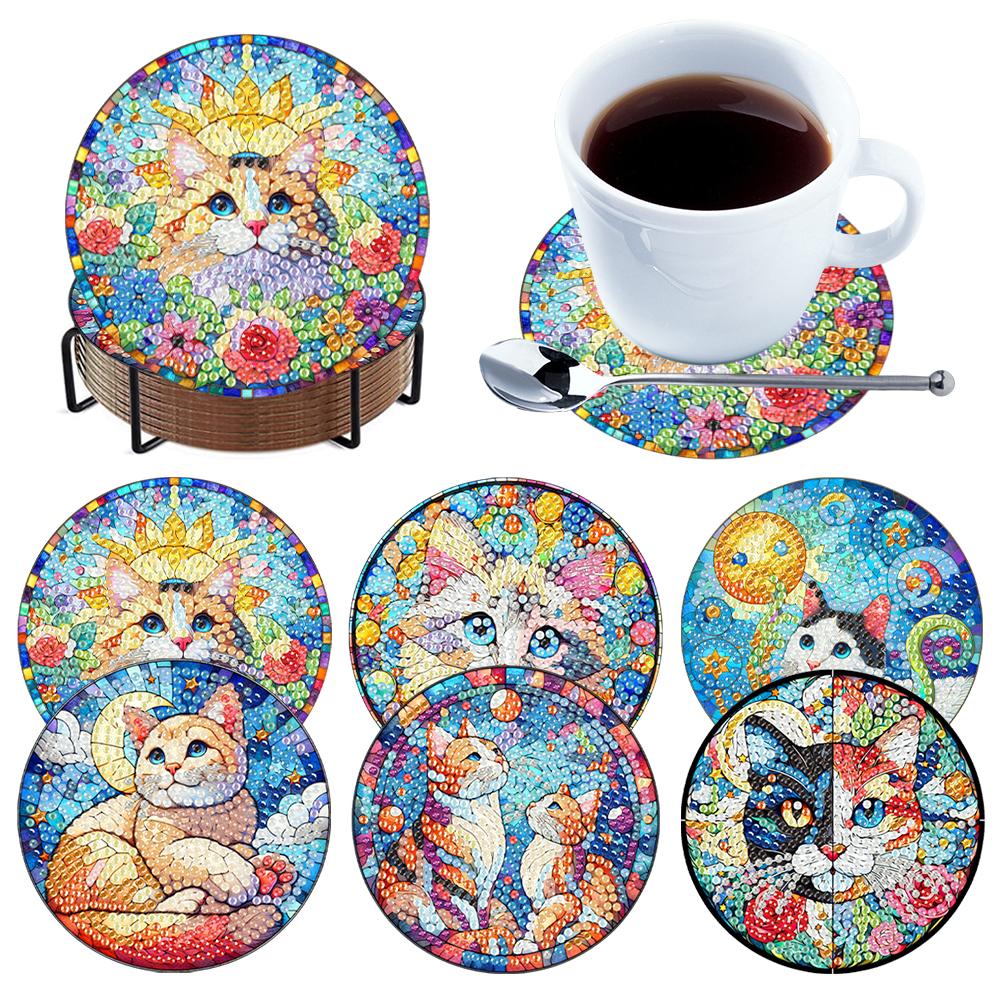 6Pcs/Set Diamond Painting Coasters with Holder DIY Diamond Art Coaster Set Wooden for Beginners Adults Art Craft Supplies