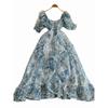 Summer 2024 Blue and White Porcelain Printed Puff Sleeves Vacation Beach Dress Square-Neck Cinched Classy Super Fairy Pettiskirt