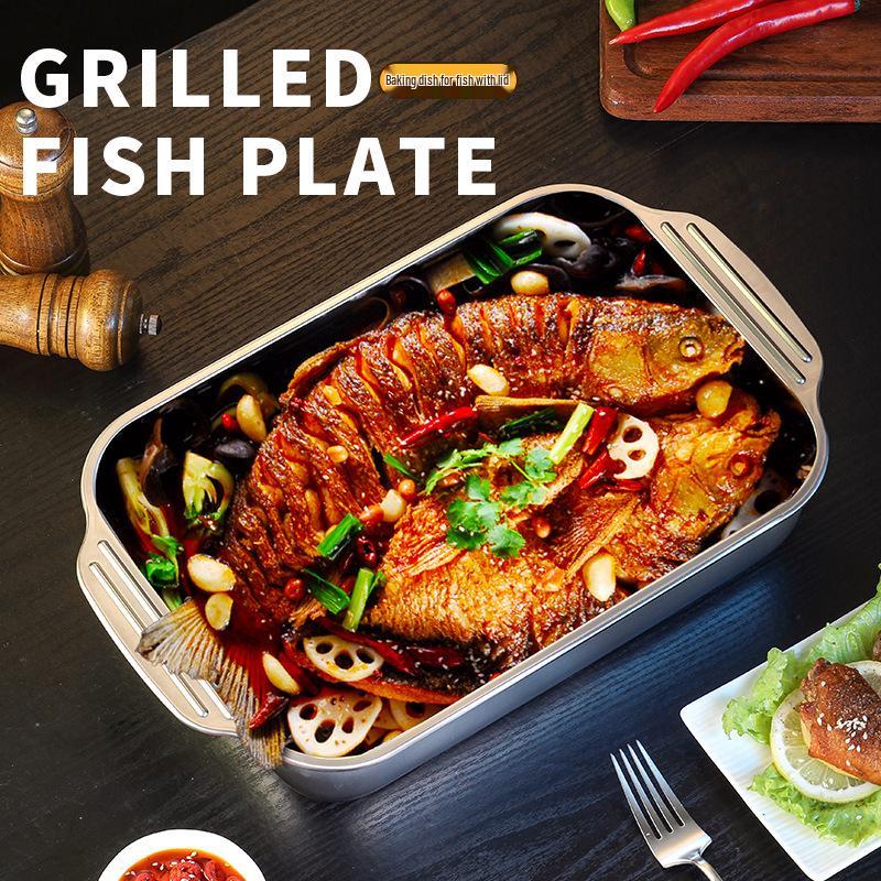 Rectangular Stainless Steel Deep Dish Grilled Fish Pan with Lid for Induction Cooktops - Ideal for Crayfish and Barbecue.