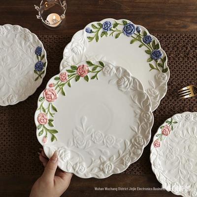 Elegant Retro Embossed Underglaze Ceramic Plate for Breakfast & Dessert