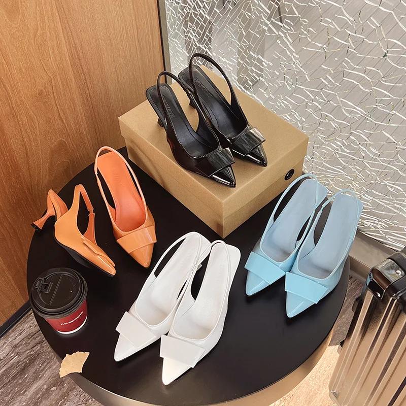 Fashion New Fashion High Heel Sandals Women Lacquer Leather Pointed Fine Heel Headband Buckle Decoration Mixed Strap Women's Shoes