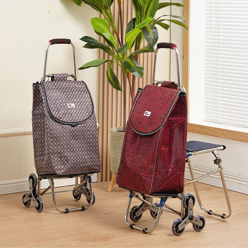 Compact Folding Stair-Climbing Trolley with Seat, Stainless Steel Rod, Outdoor Grocery Cart
