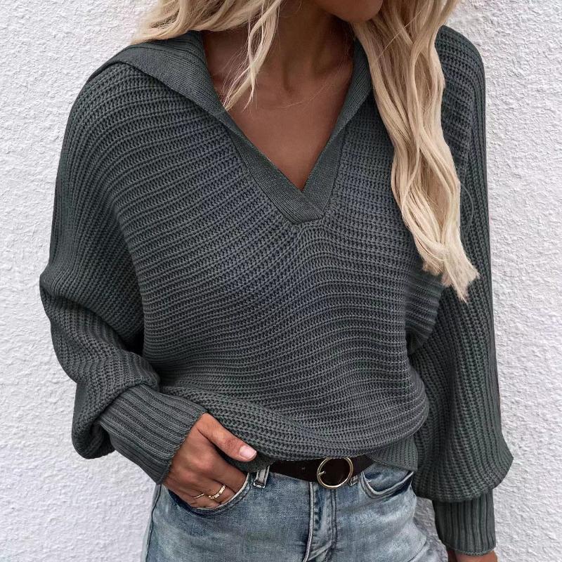 

IHUASU Осенне-зимний свободный однотонный длинный рукав вязаный свитер женский свитер с V-образным вырезом XL темно-серого