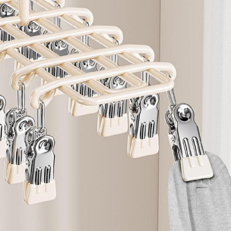 Balcony Laundry Hanger With 20 Clip Frame and Hanging Hook, Plastic Coated Drying Rack for Small Garments and Towels