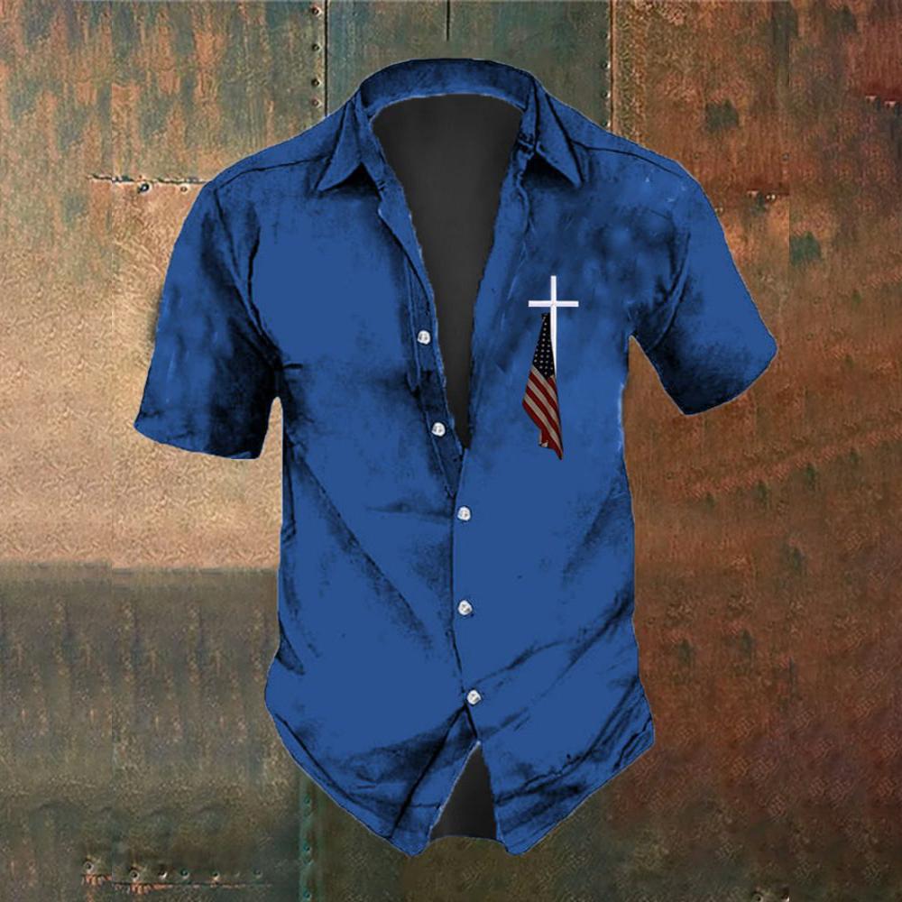 Sommermode Herren Casual Kurzarmhemd mit Kreuz- und Nationalflaggen-Aufdruck für Street Fashion und Herren Oversized Top 5XL