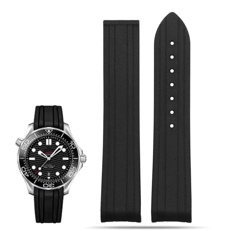 

Для Omega Seamaster 300 силиконовый каучуковый ремешок для часов с изогнутым концом, дайверский браслет 20 мм, черный синий со складной застежкой 20x18mm