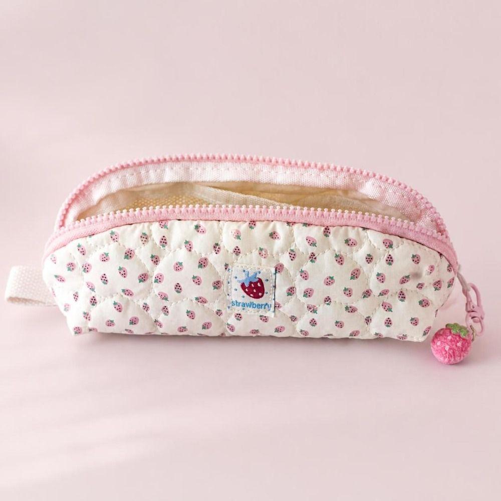 Pink Strawberry Print Stationery Bag with Strawberry Pendant Cosmetic Storage Bag Students Gift